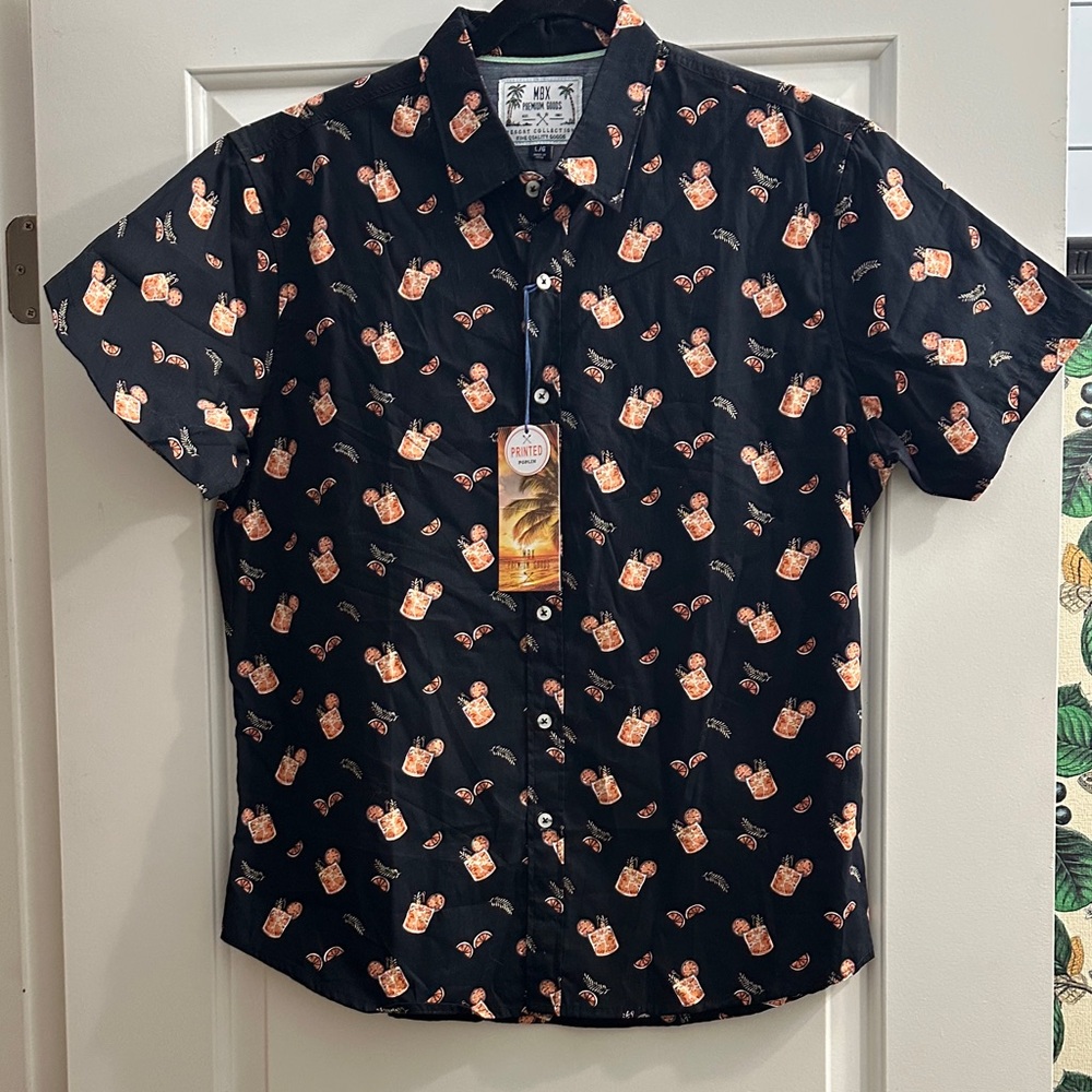 Black Short-Sleeve Button-Down Shirt with Orange Cocktail Print